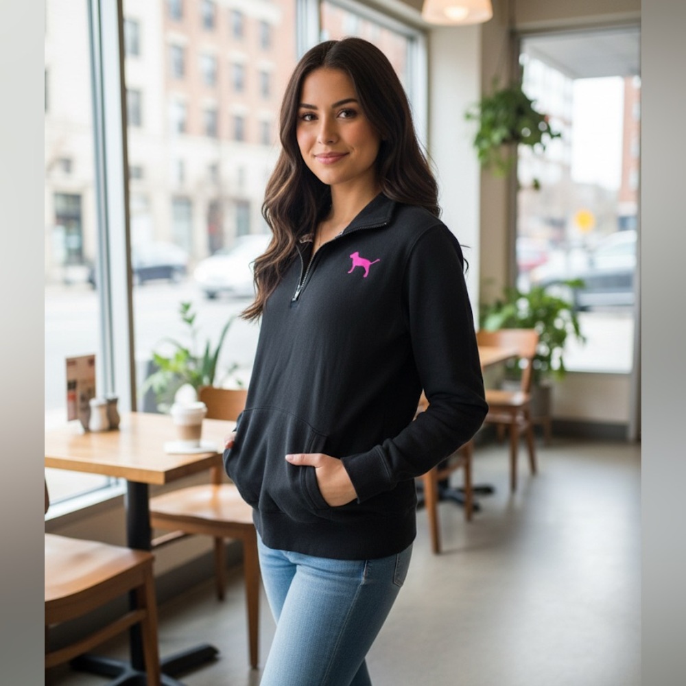 PINK Victoria's Secret Black Half Zip Pullover with Pink Dog Logo - M